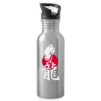 White Japanese Dragon and Red Sun - Water bottle with straw - silver - Right