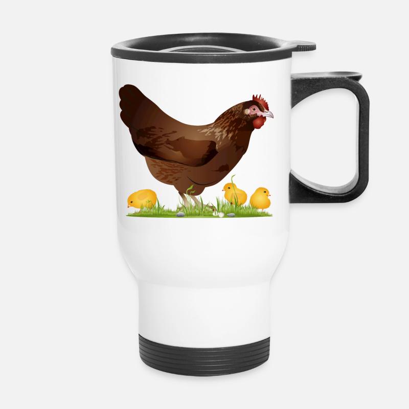 poulet brun avec poussins fraîchement éclos - Tasse isotherme avec poignée - blanc