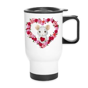 weiße Maus mit Rosen Herz zum Valentinstag - Thermobecher mit Tragegriff - Weiß - Vorne