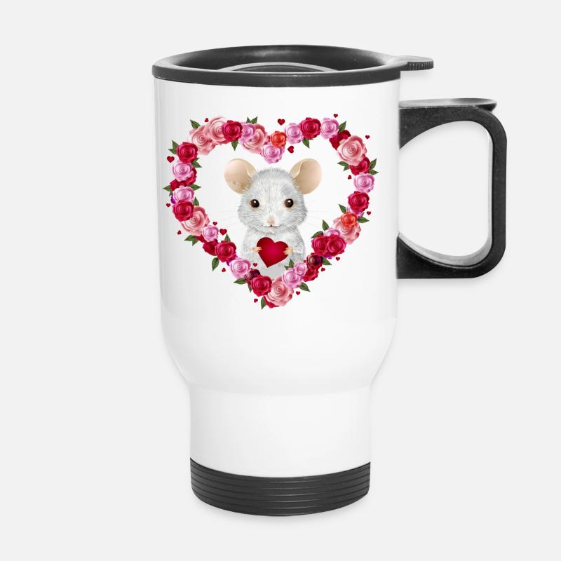 weiße Maus mit Rosen Herz zum Valentinstag - Thermobecher mit Tragegriff - Weiß