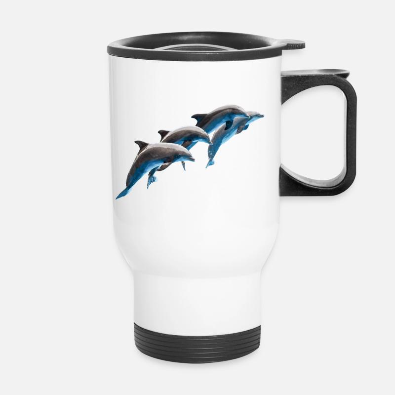 Dolphins Group Jumping, Natural - Thermal mug with handle - white