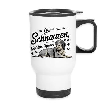 Graue Schnauzen Goldene Herzen – Hunderentner - Thermobecher mit Tragegriff - Weiß - Vorne
