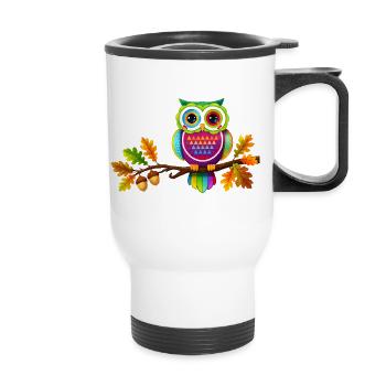 Hibou coloré sur une branche avec des feuilles d’automne - Tasse isotherme avec poignée - blanc - Devant