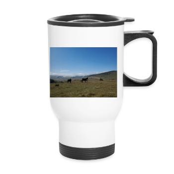 Donkeys, Mountains, Meadows - Thermal mug with handle - white - Front