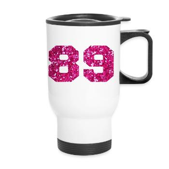 Numéro 89 paillettes rose - 89e anniversaire - Tasse isotherme avec poignée - blanc - Devant