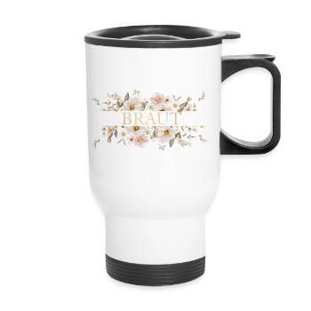 Team Braut! Blumen-Boho-Beige, personalisierbar - Thermobecher mit Tragegriff - Weiß - Vorne