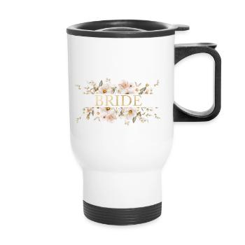 Team Bride! Blumen-Boho-Beige, personalisierbar - Thermobecher mit Tragegriff - Weiß - Vorne
