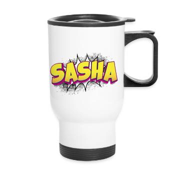 Sasha Custom Name Comic Book Style Pop Art, Sasha - Thermal mug with handle - white - Front