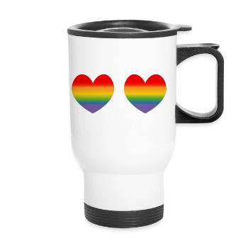 Zwei Regenbogenherzchen Verlauf - Thermobecher mit Tragegriff - Weiß - Vorne