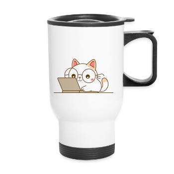 Chat kawaii au travail - Tasse isotherme avec poignée - blanc - Devant