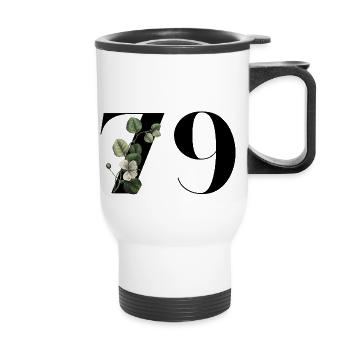 Nummer 79 Blumengrün - 79. Blumengeburtstag - Thermobecher mit Tragegriff - Weiß - Vorne
