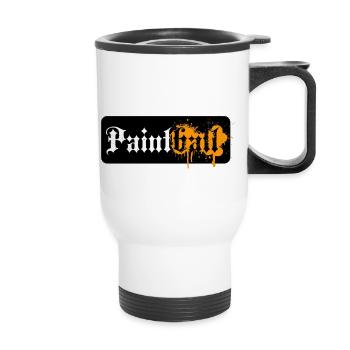 Paintball Logo, antike Schriften mit Farbspritzern - Thermobecher mit Tragegriff - Weiß - Vorne
