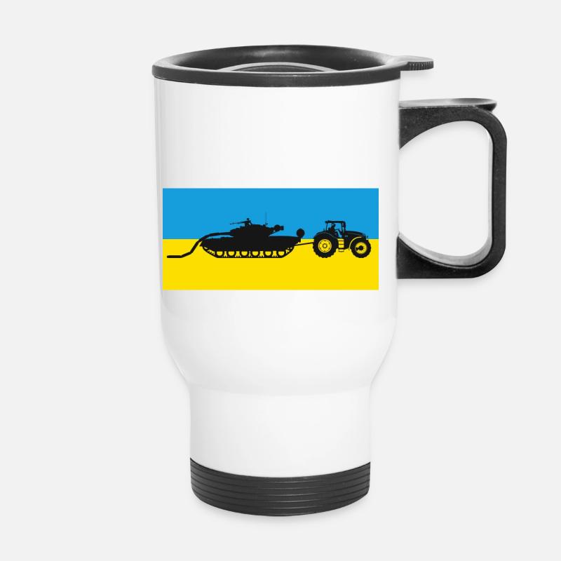 Ukrainischer Traktor zieht einen Panzer. - Thermobecher mit Tragegriff - Weiß