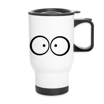 Anxious cross-eyed blue cartoon eyes - Thermal mug with handle - white - Front