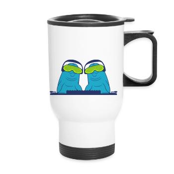 Deux Dauphins Drôles DJ Équipe Mixer Musique de Fête - Tasse isotherme avec poignée - blanc - Devant