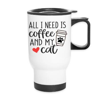 Alles, was ich brauche, ist Kaffee und meine Katze - Thermobecher mit Tragegriff - Weiß - Vorne