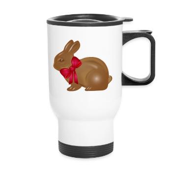 Schokoladen-Osterhase mit roter Schleife Motiv - Thermobecher mit Tragegriff - Weiß - Vorne