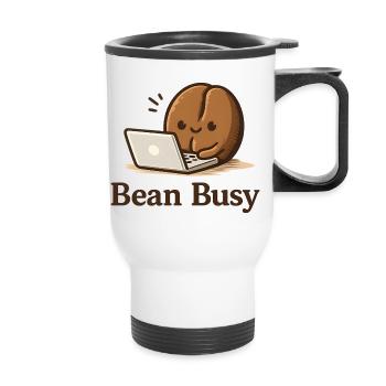 Bean Busy - Niedlich Kaffeebohne am Laptop Cafe - Thermobecher mit Tragegriff - Weiß - Vorne