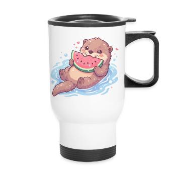 Kawaii Otter Eating Watermelon - Thermal mug with handle - white - Front