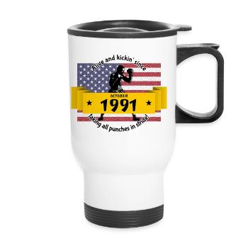 33. Geburtstag Alive and kickin since 10/1991 - Thermobecher mit Tragegriff - Weiß - Vorne