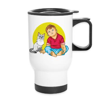 Boy is talking to a Siamese cat - Thermal mug with handle - white - Front