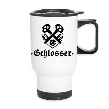 Schlosser, Zunftzeichen mit alter Schrift - Thermobecher mit Tragegriff - Weiß - Vorne