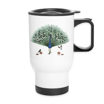 Two Birds Play Go on the Feathers of a Peacock - Thermal mug with handle - white - Front