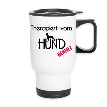 Therapiert vom Hund Hunde Tier Haustier Geschenk - Thermobecher mit Tragegriff - Weiß - Vorne