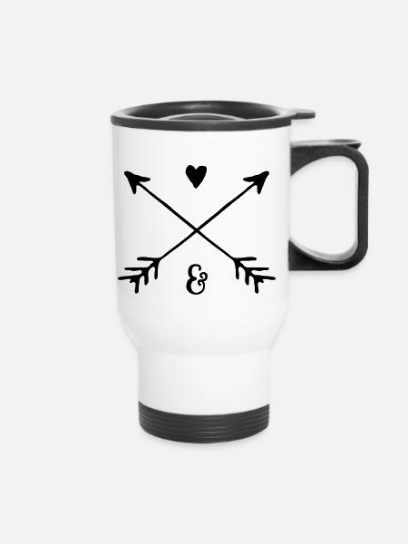 Partner-Wappen / Pfeile & Herz / personalisiert - Thermobecher mit Tragegriff - Weiß