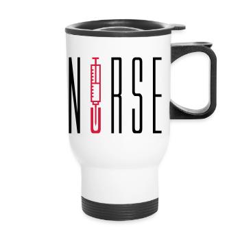 nurse doctor text piercing syringe blood doctor listening - Thermal mug with handle - white - Front