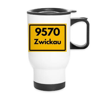 9570 ZWICKAU DDR RETRO HEIMATSTOLZ SACHSEN - Thermobecher mit Tragegriff - Weiß - Vorne