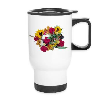 Farbwildes Blütenbouquet Rosen Sonnenblumen - Thermobecher mit Tragegriff - Weiß - Vorne