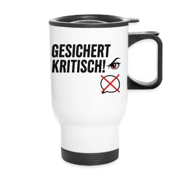 Gesichert Kritisch! Spruch Augen Design - Thermobecher mit Tragegriff - Weiß - Vorne