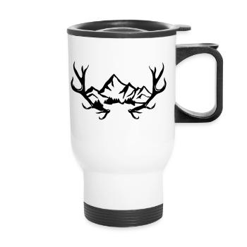 Antlers, mountains with snow and forest - Thermal mug with handle - white - Front