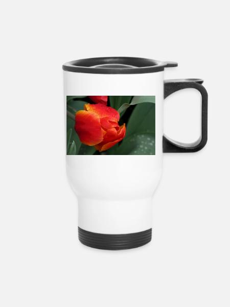 Feurige Tulpenfrische - Thermobecher mit Tragegriff - Weiß