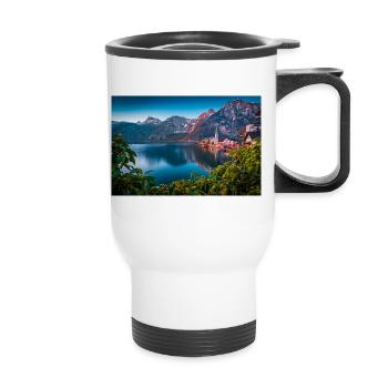 Hallstatt See und Bergdorf Landschaft - Thermobecher mit Tragegriff - Weiß - Vorne