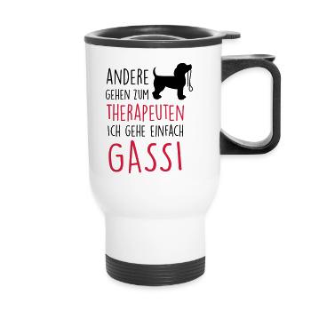 Gassi Therapeut Hund - Thermobecher mit Tragegriff - Weiß - Vorne