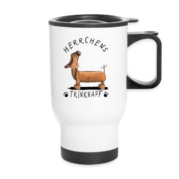 Dackel Herrchens Trinknapf Dachshund Teckel Tasse - Thermobecher mit Tragegriff - Weiß - Vorne