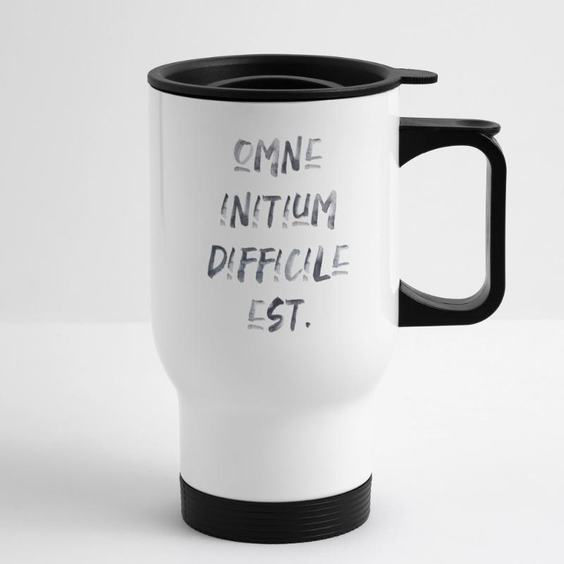 all beginning is difficult Latin quotation scripture Thermal mug with handle