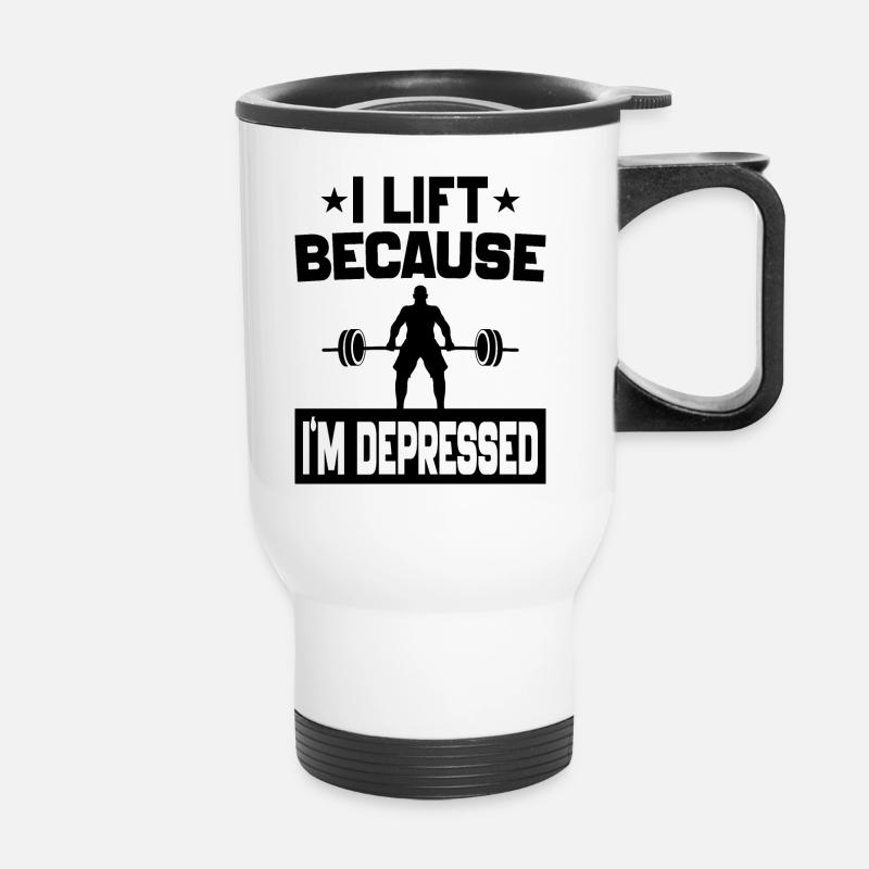 Ich hebe, weil ich depressiv bin Trainingsmotivation - Thermobecher mit Tragegriff - Weiß