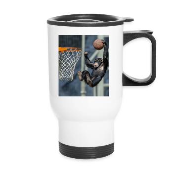 Schimpanse Basketball - Thermobecher mit Tragegriff - Weiß - Vorne
