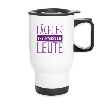 Lächle, Es Verwirrt Die Leute Lustiger Spruch - Thermobecher mit Tragegriff - Weiß - Vorne
