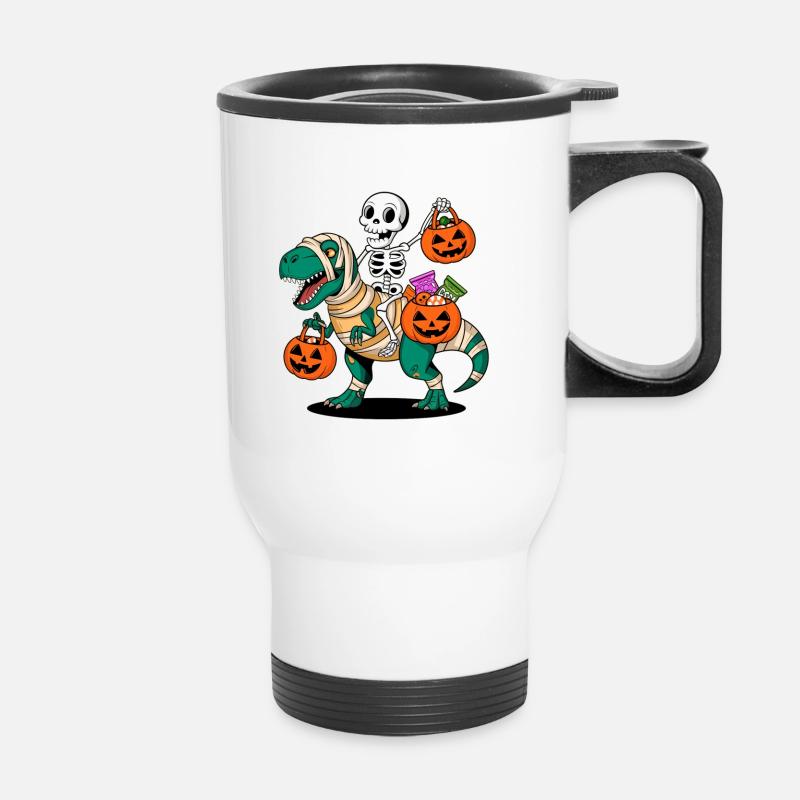 Skeleton and T-Rex with pumpkins for Halloween - Thermal mug with handle - white