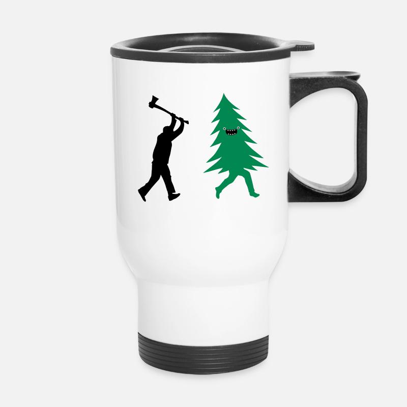 Funny Christmas tree is chased by Lumberjack - Thermal mug with handle - white
