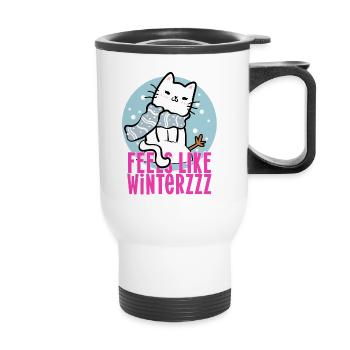 Winter Katze mit Schal Schnee Comic Fun Geschenk - Thermobecher mit Tragegriff - Weiß - Vorne