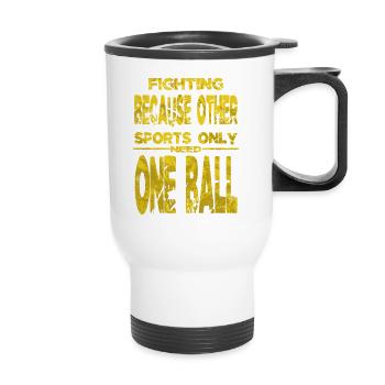 hobbyists grabbling birthday present idea sports - Thermobecher mit Tragegriff - Weiß - Vorne