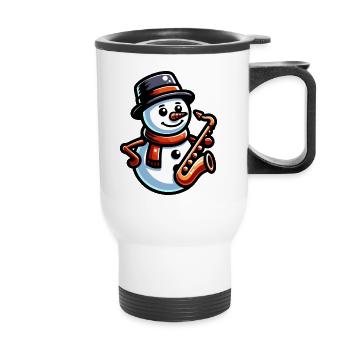 Un bonhomme de neige joue du saxophone - Tasse isotherme avec poignée - blanc - Devant