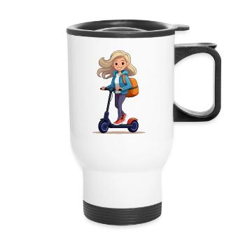 Femme conduisant un scooter électrique - Tasse isotherme avec poignée - blanc - Devant