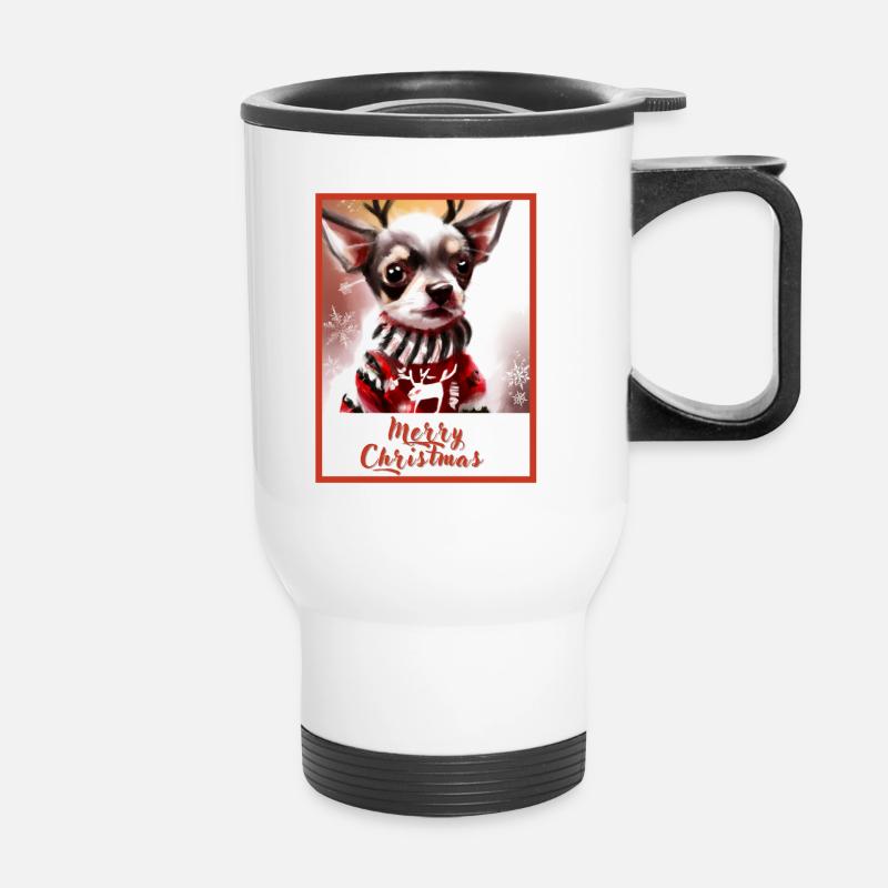Hund (Chihuahua) im Weihnachtspullover mit Reinde - Thermobecher mit Tragegriff - Weiß