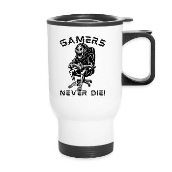 Gamers Never Die – Zocker Skelett Design - Thermobecher mit Tragegriff - Weiß - Vorne